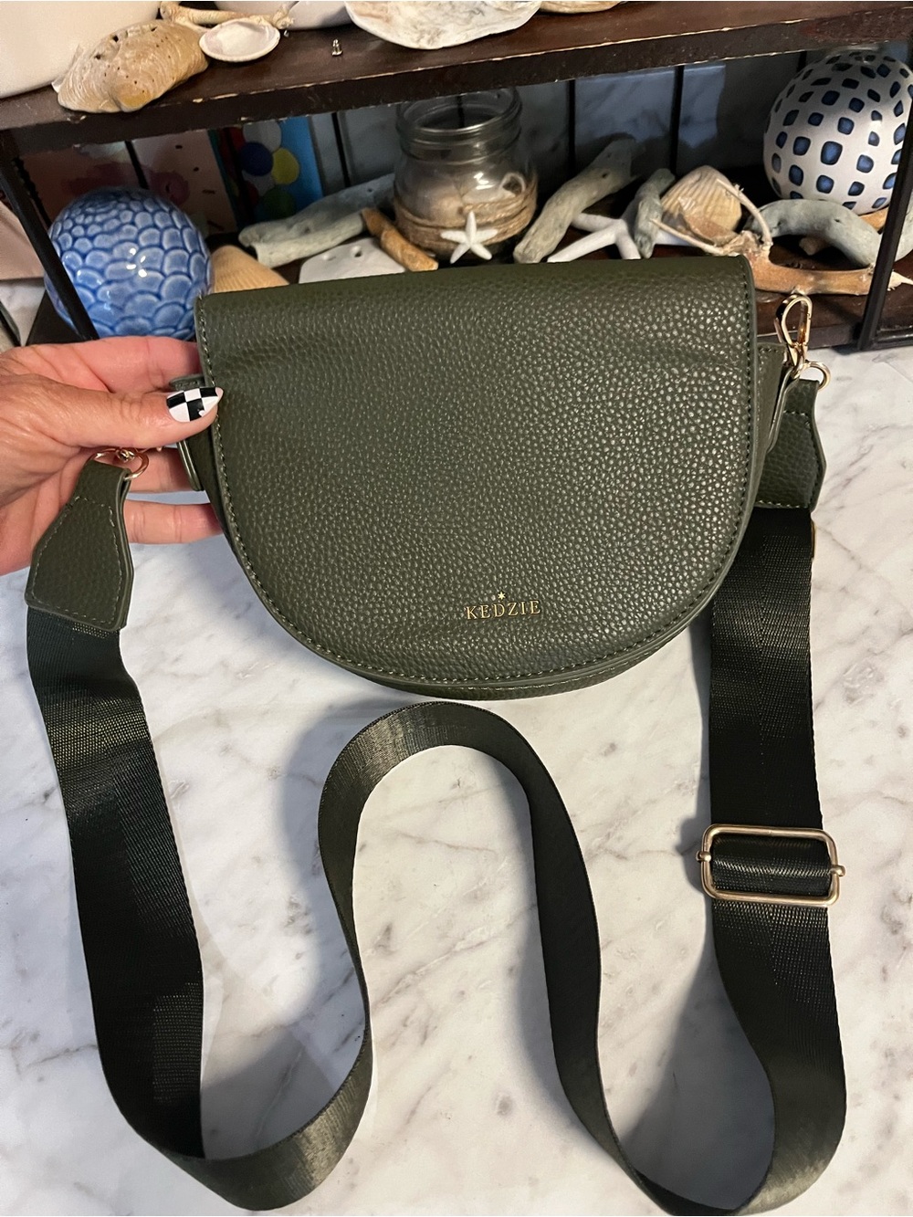 Kedzie Olive Green Pebbled Leather Crossbody Saddle Bag